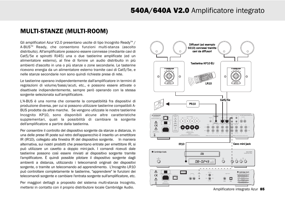 Multi-stanze (multi-room), Designed in london, england, Clipping vol auto | Amplificatore integrato azur 85, A-bus | Cambridge Audio 540A User Manual | Page 85 / 148