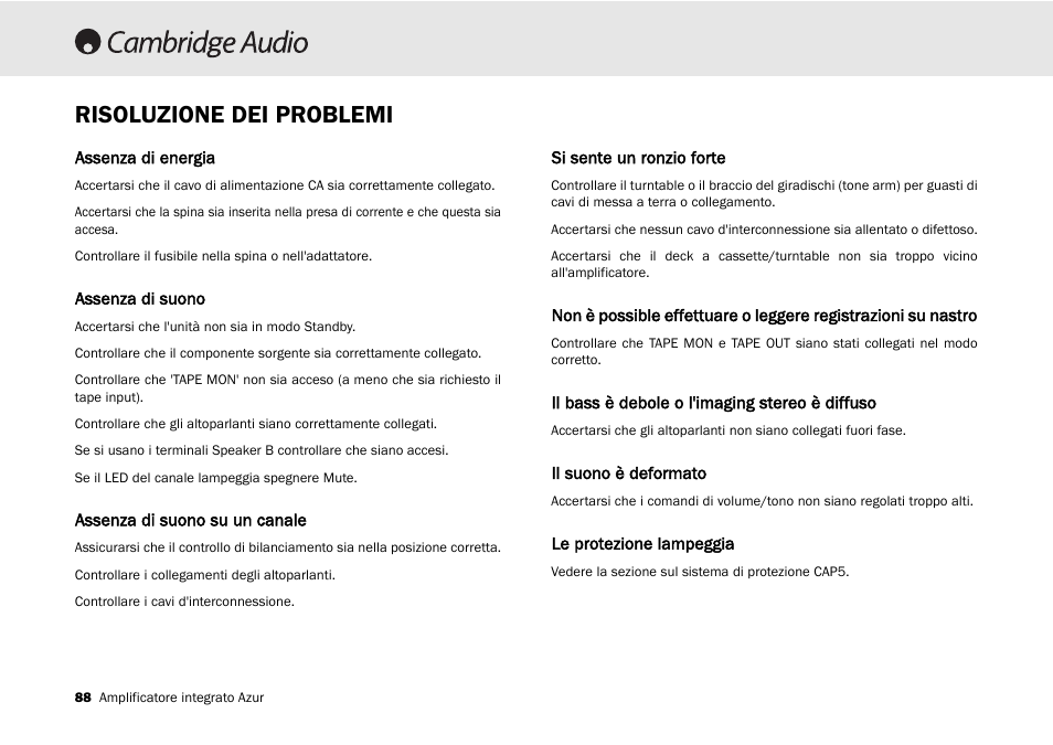 Risoluzione dei problemi | Cambridge Audio 540A User Manual | Page 88 / 148