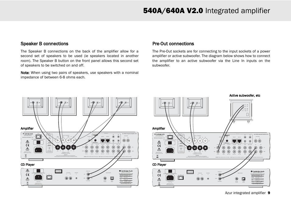 Speaker b connections, Pre-o out connections, Designed in london, england | Clipping vol auto, Azur integrated amplifier 9 | Cambridge Audio 540A User Manual | Page 9 / 148