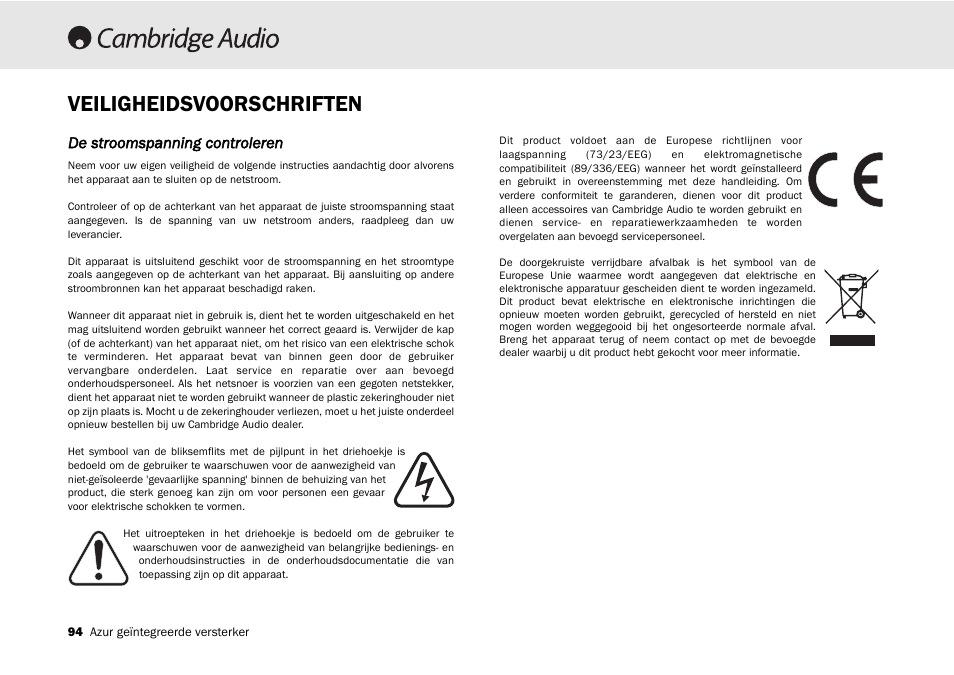 Veiligheidsvoorschriften, De stroomspanning controleren | Cambridge Audio 540A User Manual | Page 94 / 148