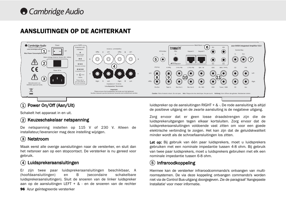 Aansluitingen op de achterkant, Power on/off (aan/uit), Keuzeschakelaar netspanning | Netstroom, Luidsprekeraansluitingen, Infraroodkoppeling, 96 azur geïntegreerde versterker, Schakelt het apparaat in en uit | Cambridge Audio 540A User Manual | Page 96 / 148