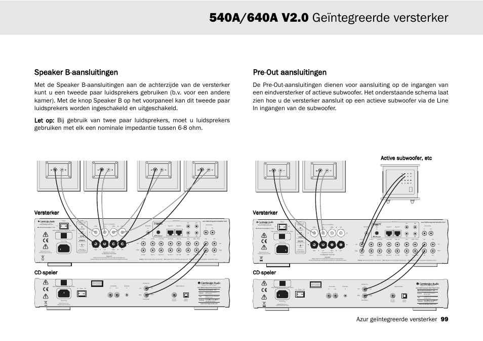 Speaker b-aaansluitingen, Pre-o out aansluitingen, Designed in london, england | Clipping vol auto, Azur geïntegreerde versterker 99 | Cambridge Audio 540A User Manual | Page 99 / 148