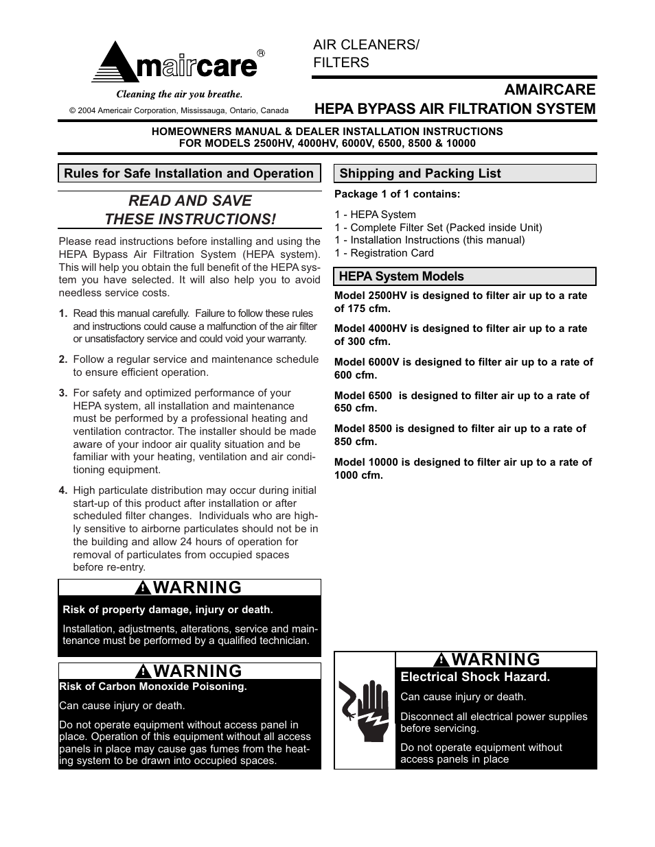 Amaircare 4000HV Airwash User Manual | 16 pages