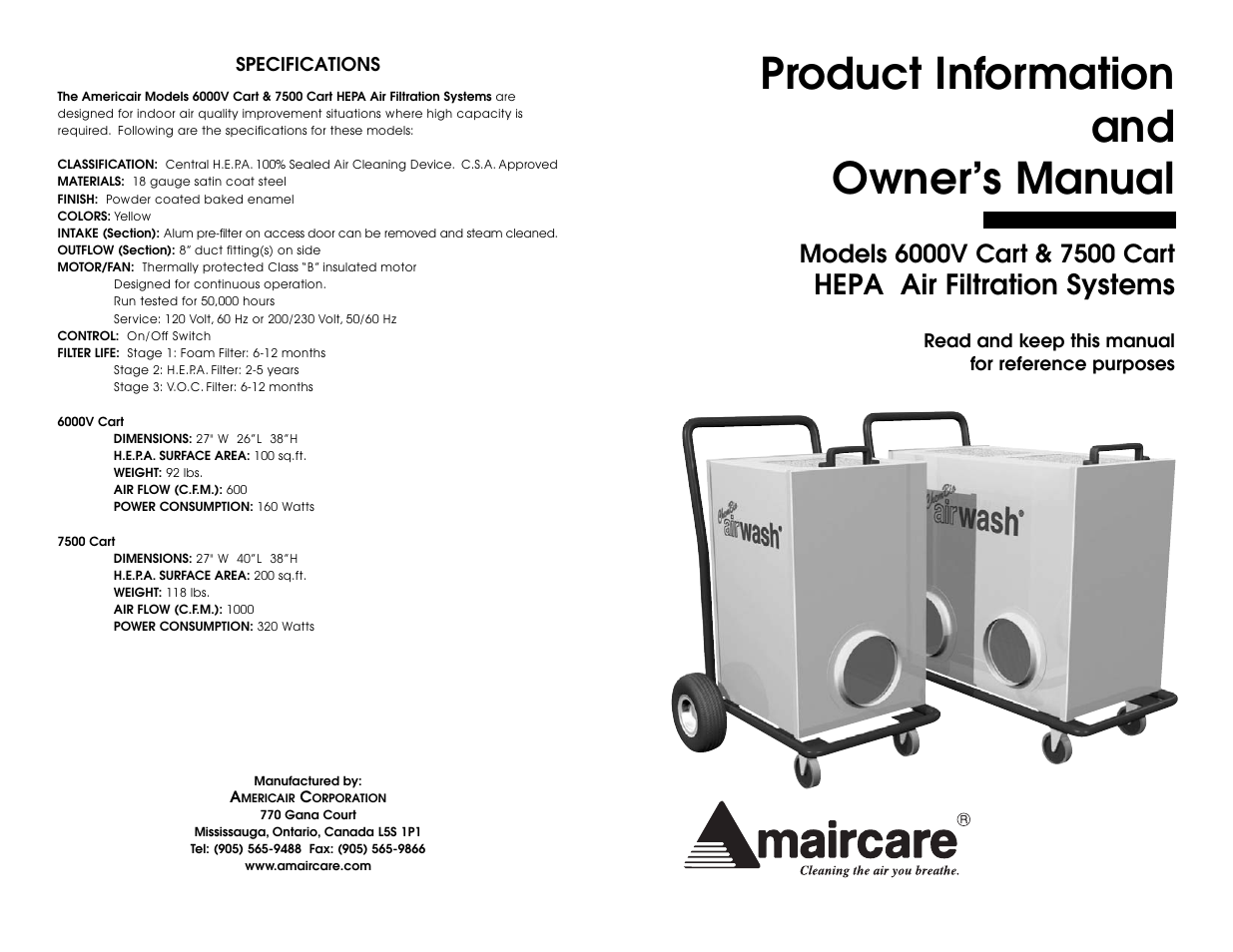Amaircare 7500 Airwash Cart User Manual | 4 pages