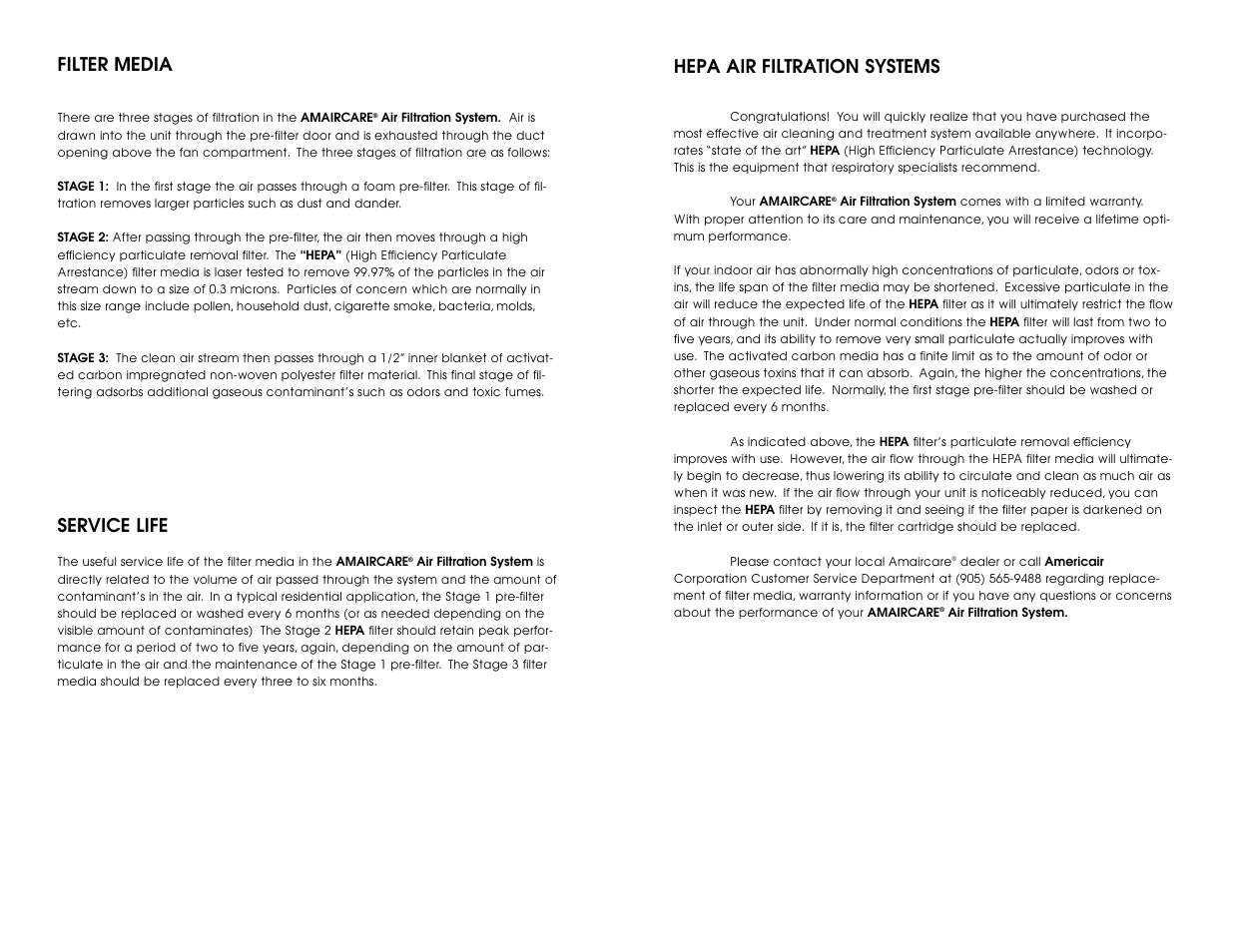 Filter media, Service life, Hepa air filtration systems | Amaircare 7500 Airwash Cart User Manual | Page 3 / 4