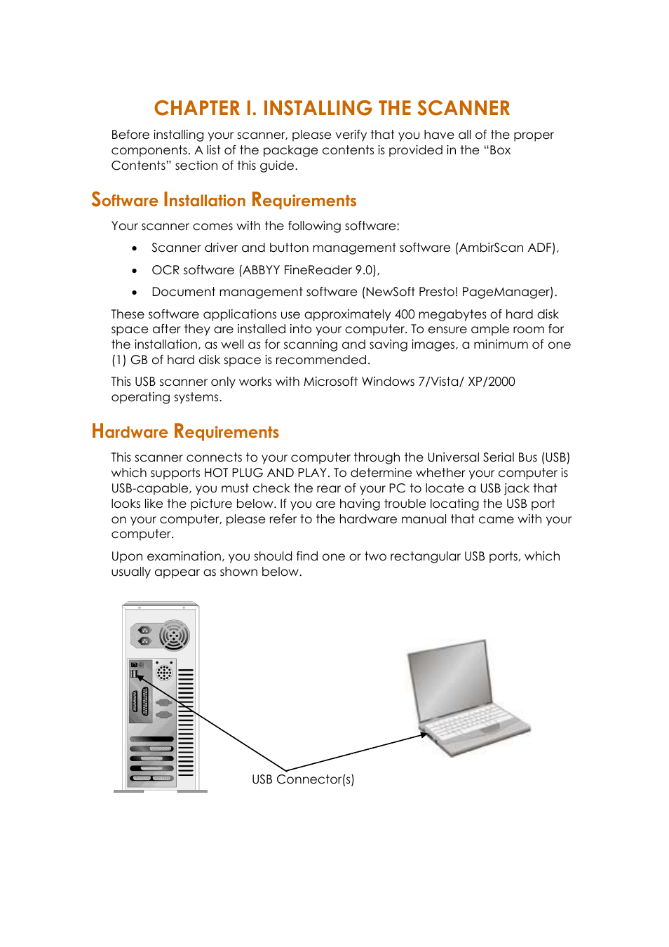 Chapter i. installing the scanner, Oftware, Nstallation | Equirements, Ardware | Ambir ImageScan Pro 820i User Manual | Page 11 / 38