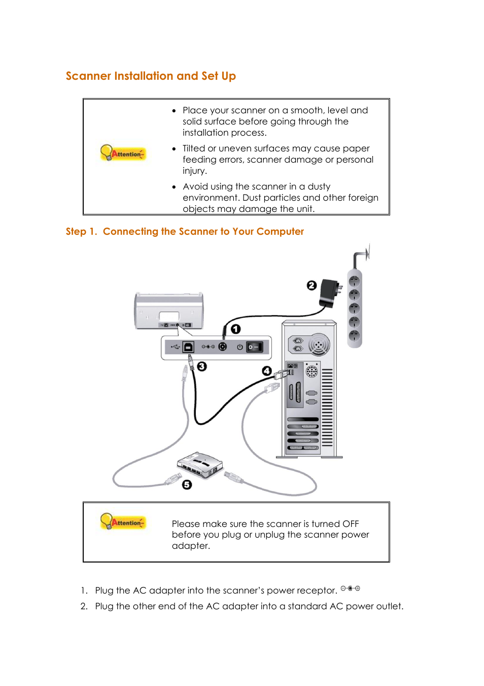 Canner, Nstallation and, Step 1. connecting the scanner to your computer | Scanner installation and set up | Ambir ImageScan Pro 820i User Manual | Page 12 / 38