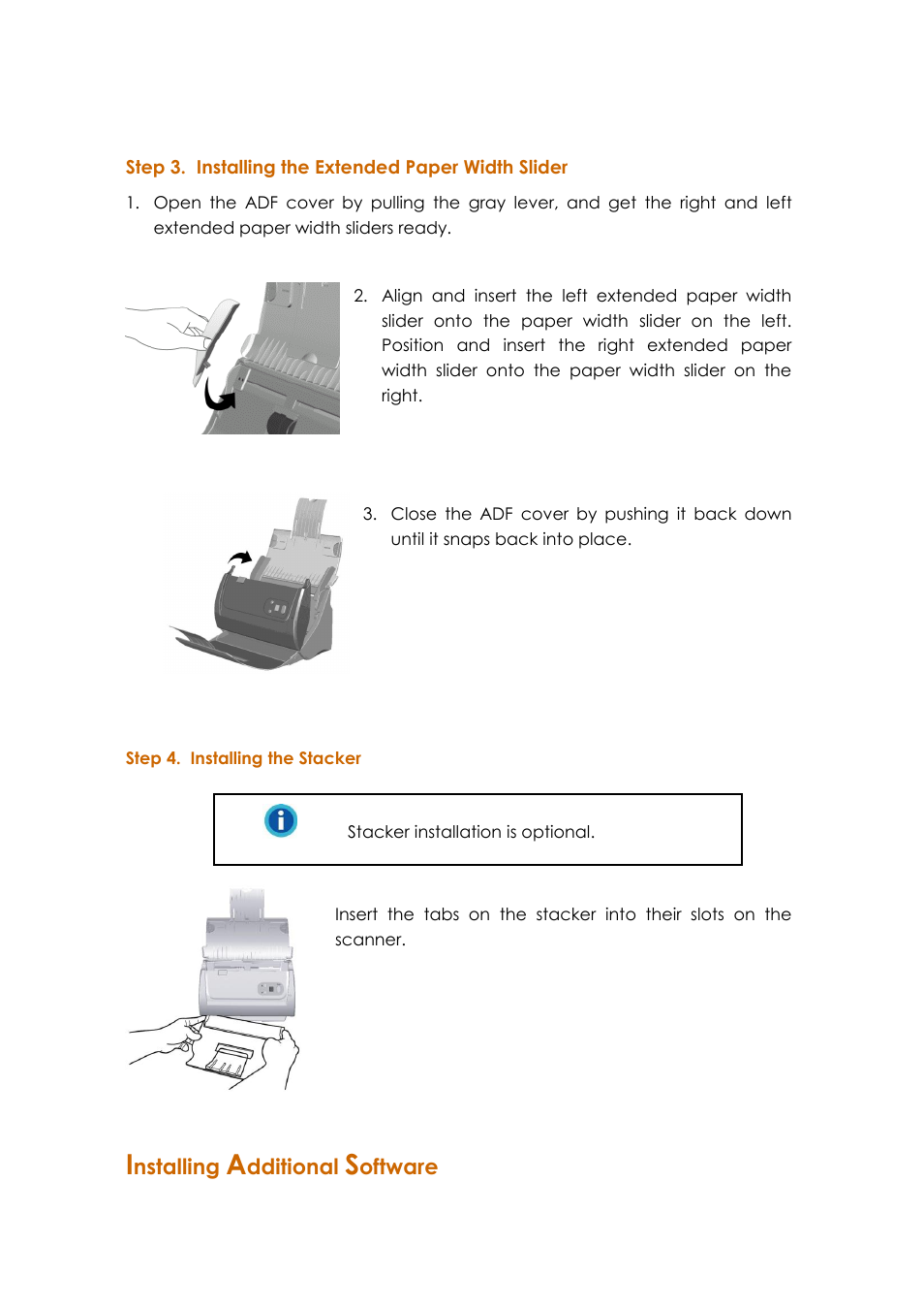 Ole_link7, Ole_link8, Step 3. installing the extended paper width slider | Step 4. installing the stacker, Nstalling, Dditional, Oftware | Ambir ImageScan Pro 820i User Manual | Page 15 / 38