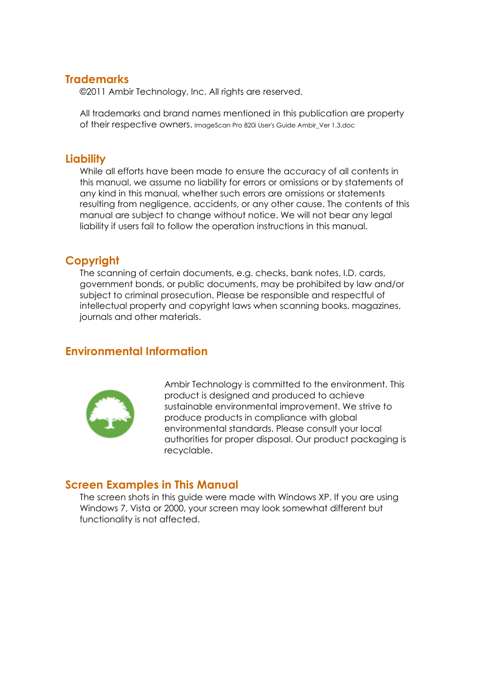 Trademarks, Liability, Copyright | Environmental information, Screen examples in this manual | Ambir ImageScan Pro 820i User Manual | Page 2 / 38