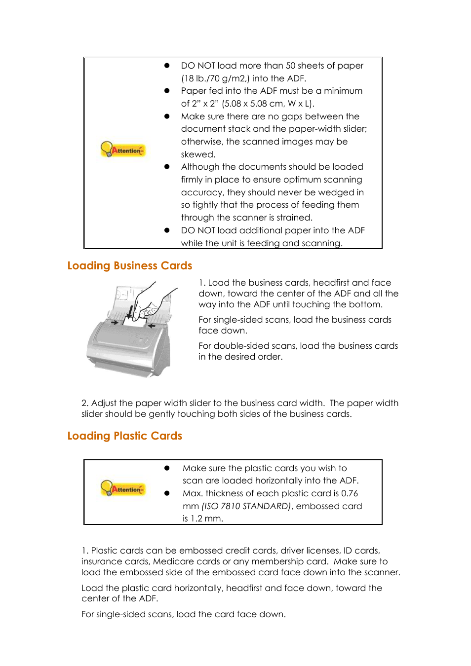 Oading, Usiness, Ards | Lastic, Loading business cards, Loading plastic cards | Ambir ImageScan Pro 820i User Manual | Page 21 / 38