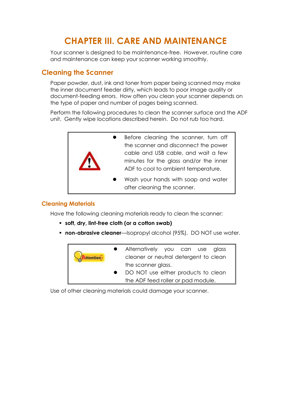 Chapter iii. care and maintenance, Leaning the, Canner | Cleaning materials, Cleaning the scanner | Ambir ImageScan Pro 820i User Manual | Page 27 / 38