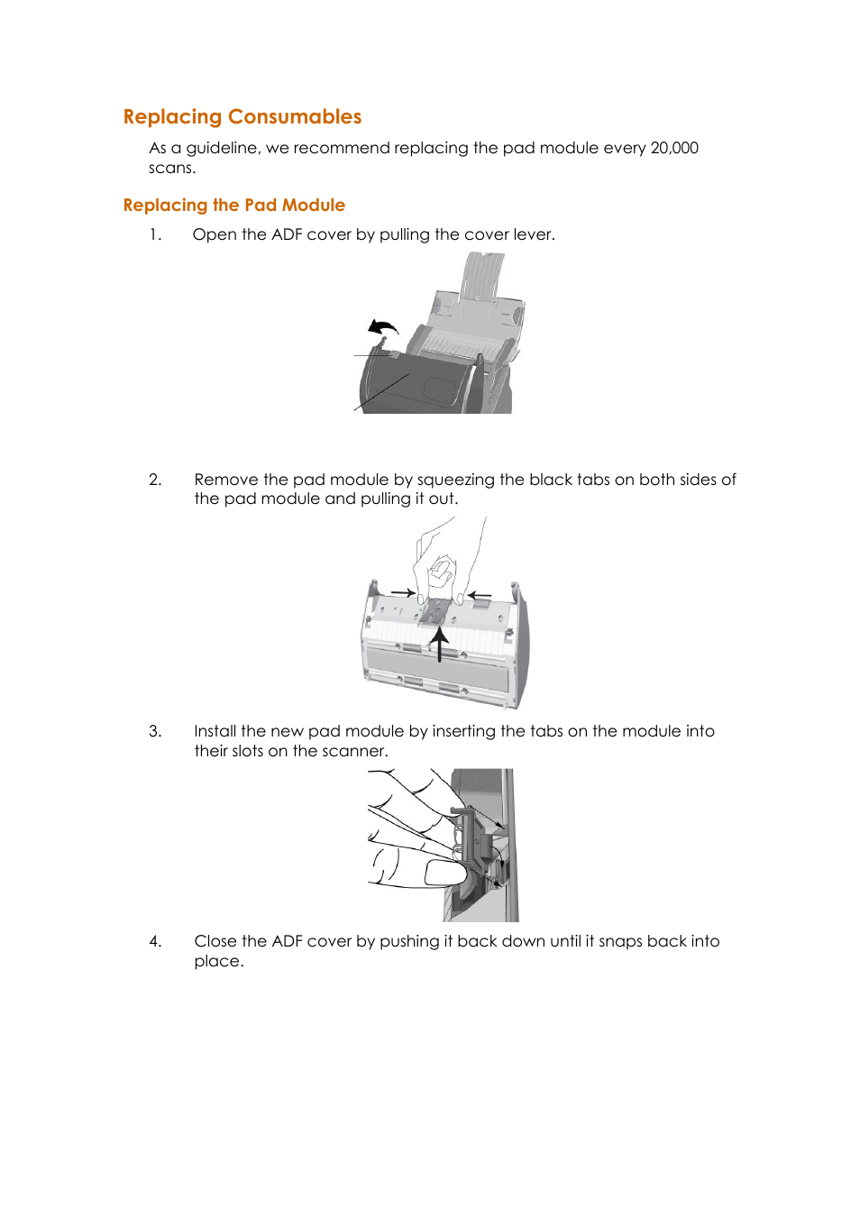 Eplacing, Onsumables, Replacing the pad module | Replacing consumables | Ambir ImageScan Pro 820i User Manual | Page 30 / 38