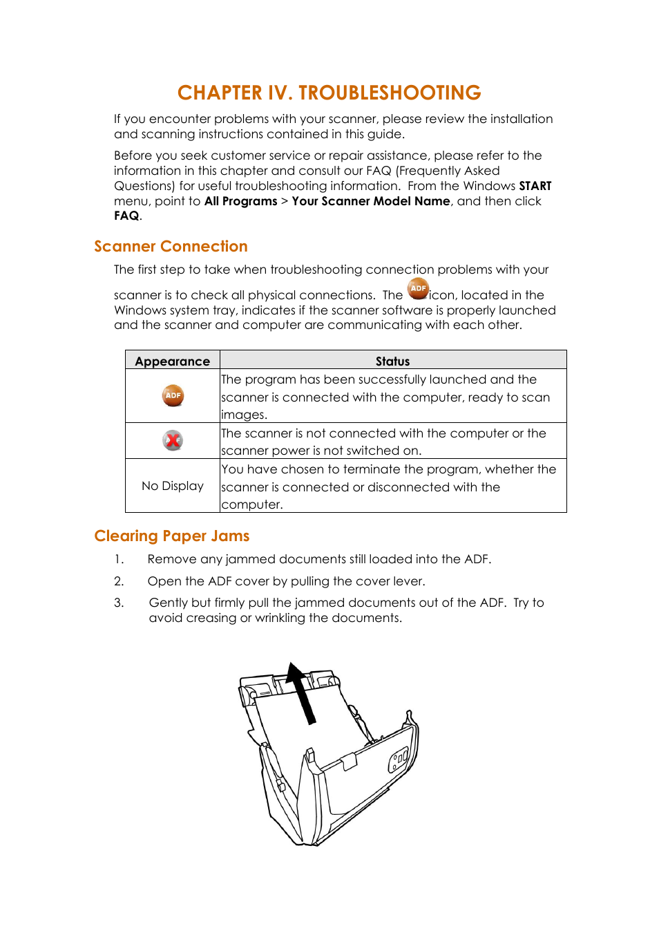 Chapter iv. troubleshooting, Canner, Onnection | Learing, Aper, Scanner connection, Clearing paper jams | Ambir ImageScan Pro 820i User Manual | Page 33 / 38