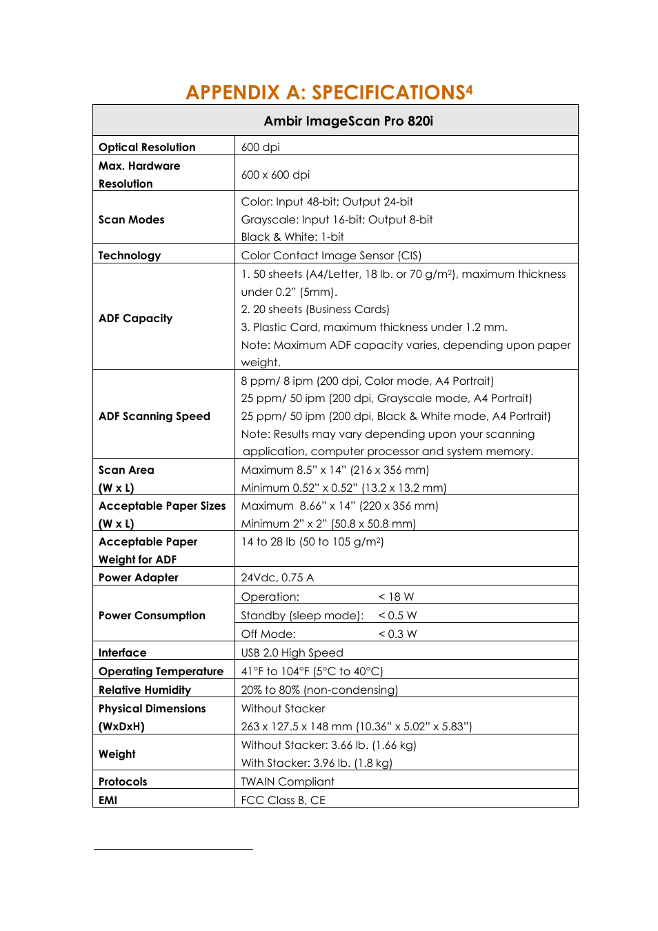 Appendix a: specifications | Ambir ImageScan Pro 820i User Manual | Page 35 / 38