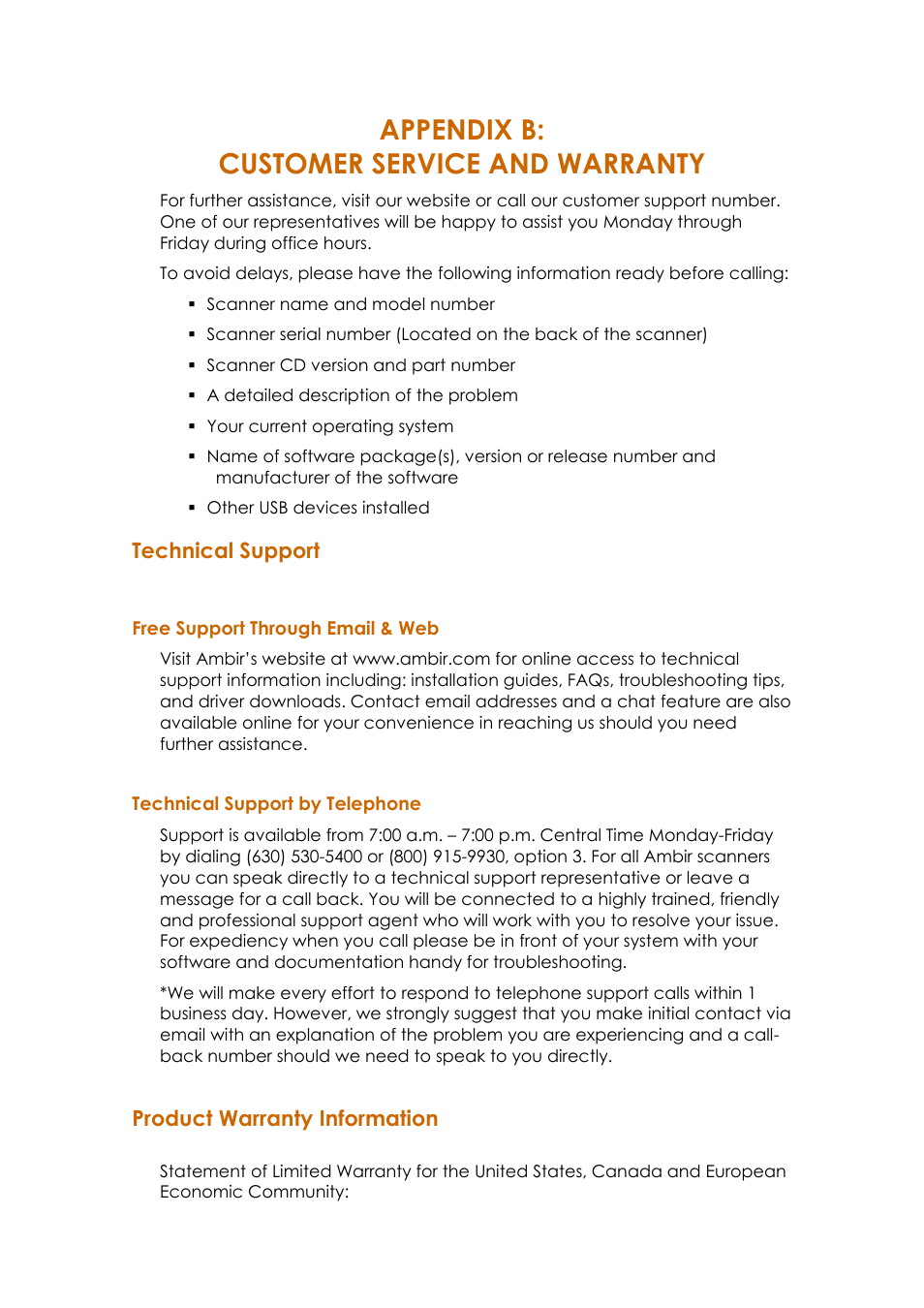 Appendix b: customer service and warranty, Echnical, Upport | Free support through email & web, Technical support by telephone, Roduct, Arranty, Nformation, Technical support, Product warranty information | Ambir ImageScan Pro 820i User Manual | Page 36 / 38