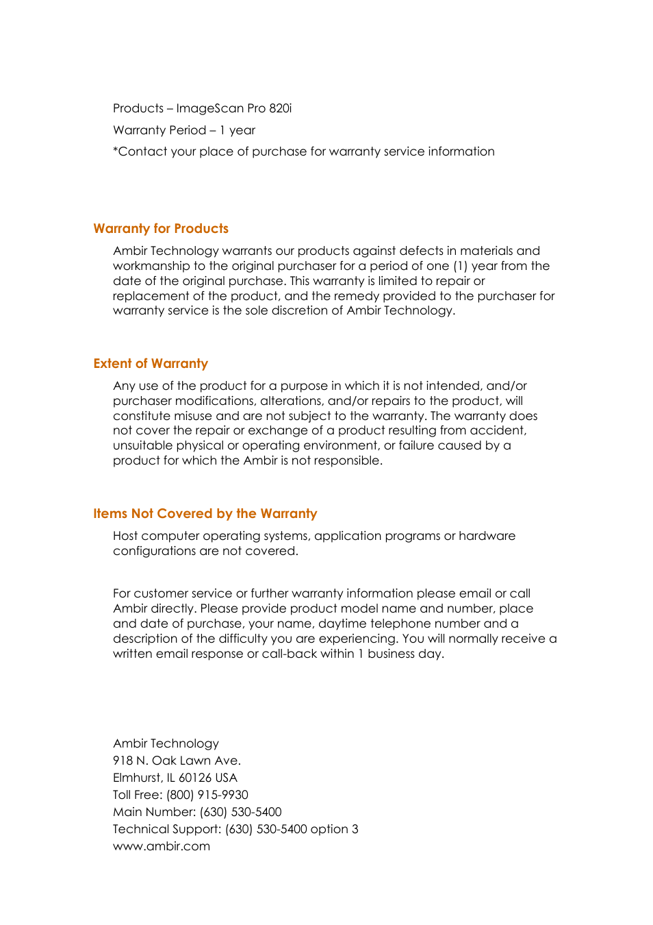 Warranty for products, Extent of warranty, Items not covered by the warranty | Ambir ImageScan Pro 820i User Manual | Page 37 / 38