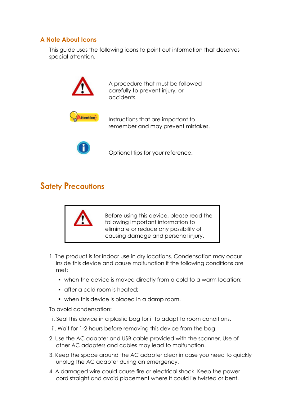 A note about icons, Afety, Recautions | Ambir ImageScan Pro 820i User Manual | Page 6 / 38