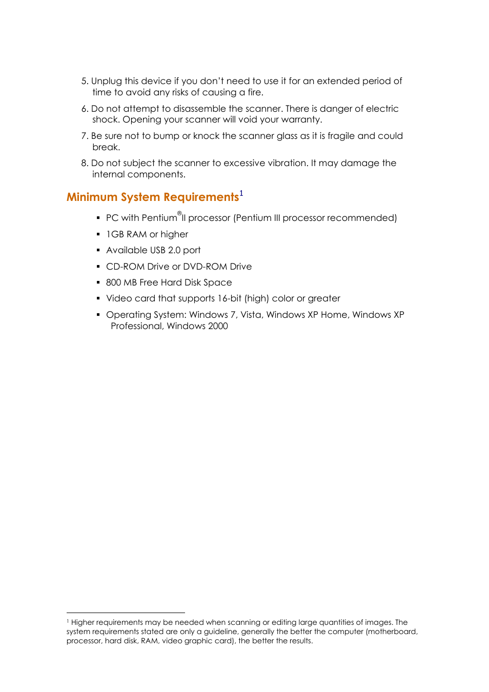 Inimum, Ystem, Equirements | Minimum system requirements | Ambir ImageScan Pro 820i User Manual | Page 7 / 38