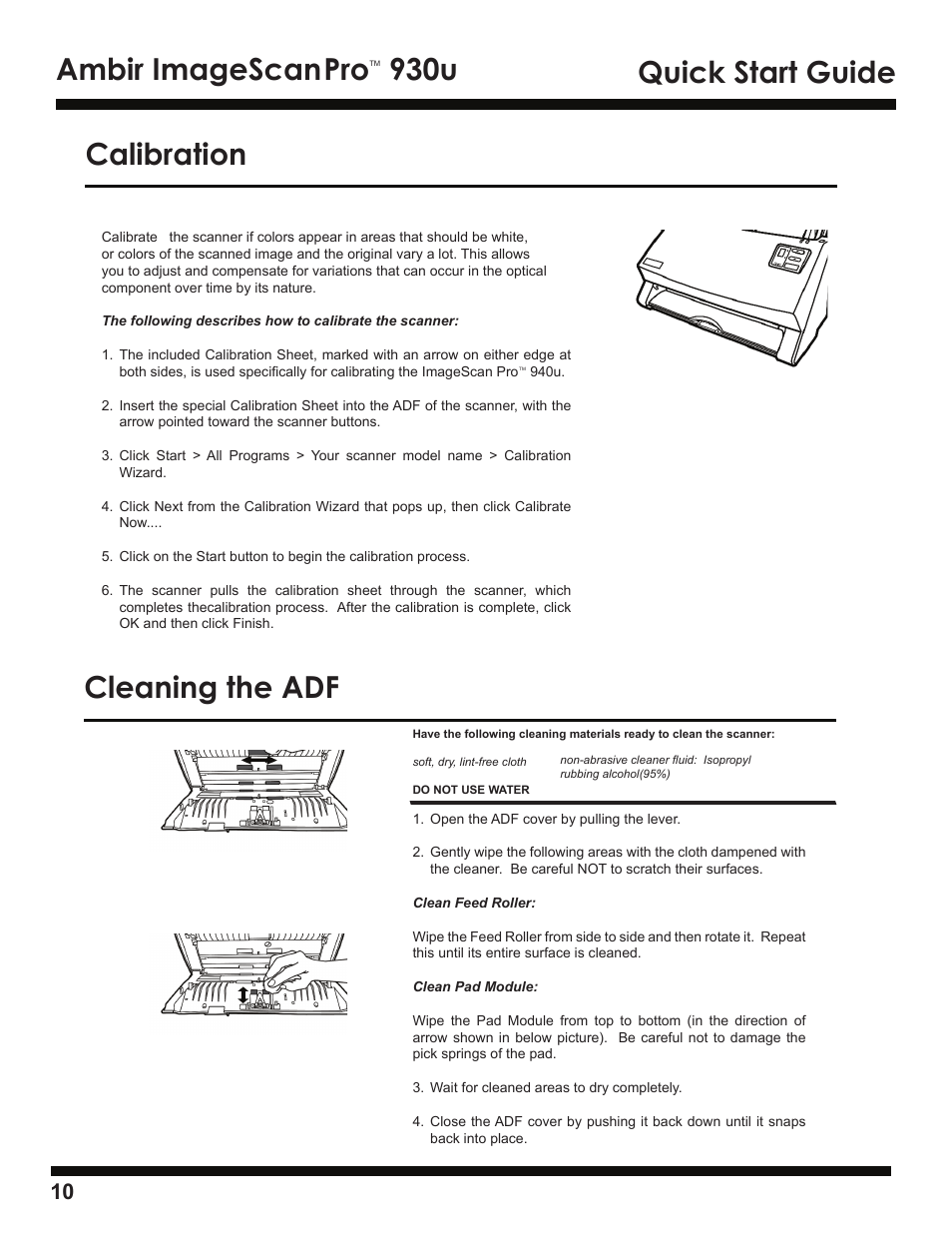 Ambir imagescan, 930u quick start guide, Calibration cleaning the adf | Ambir ImageScan Pro 930u User Manual | Page 10 / 13