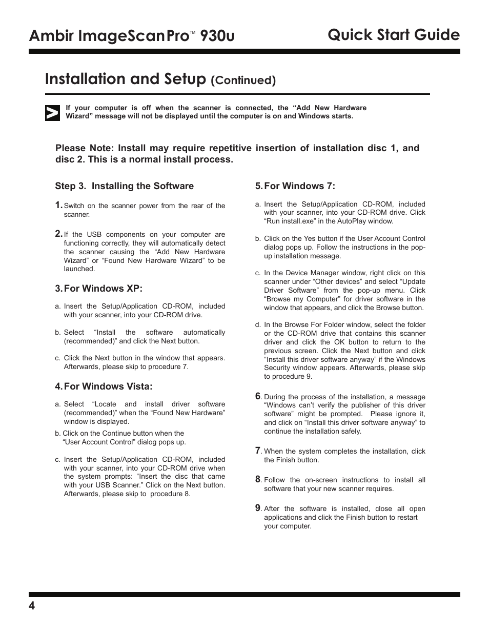 Ambir imagescan, 930u quick start guide installation and setup, Continued) | Ambir ImageScan Pro 930u User Manual | Page 4 / 13