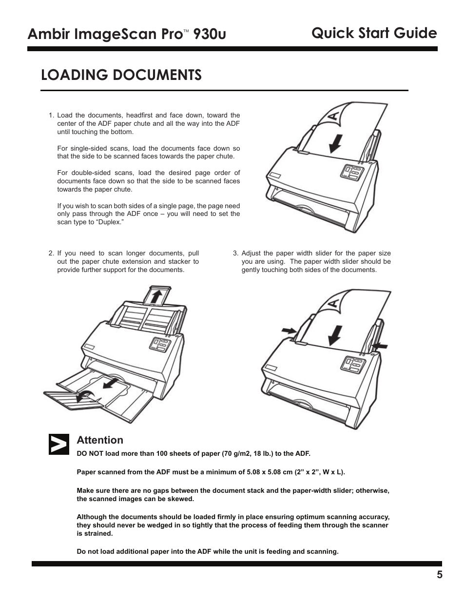 Ambir imagescan pro, 930u quick start guide, Loading documents | Attention | Ambir ImageScan Pro 930u User Manual | Page 5 / 13
