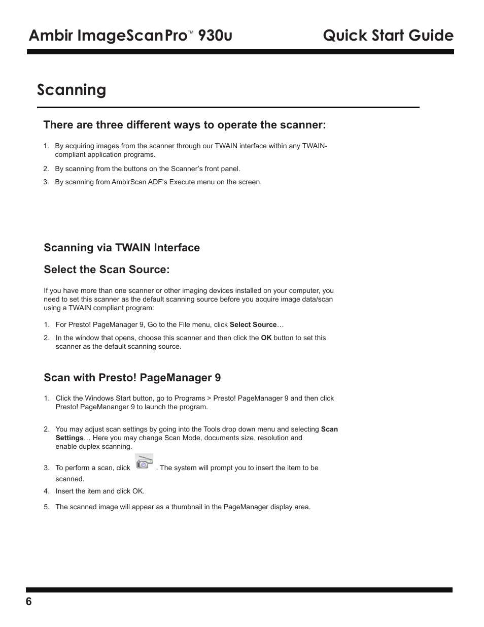 Ambir imagescan, 930u quick start guide, Scanning | Scan with presto! pagemanager 9 | Ambir ImageScan Pro 930u User Manual | Page 6 / 13