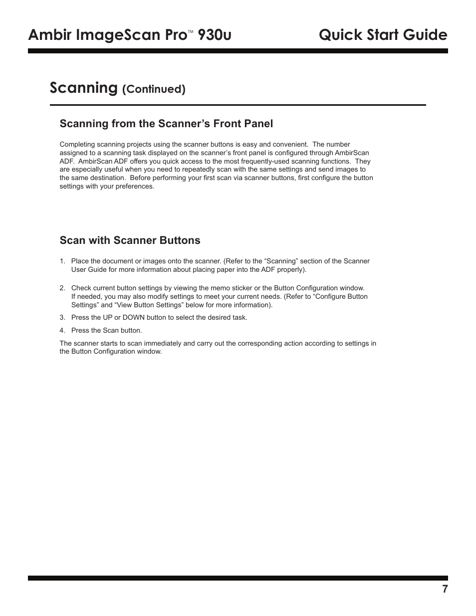 Ambir imagescan pro, 930u quick start guide, Scanning | Ambir ImageScan Pro 930u User Manual | Page 7 / 13