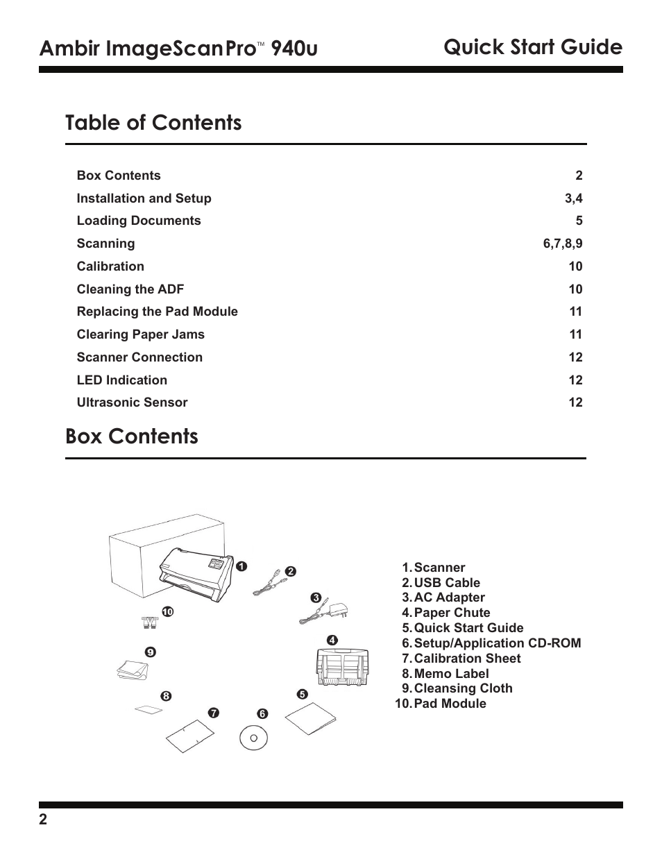 Ambir imagescan, 940u, Box contents quick start guide table of contents | Ambir ImageScan Pro 940u User Manual | Page 2 / 13