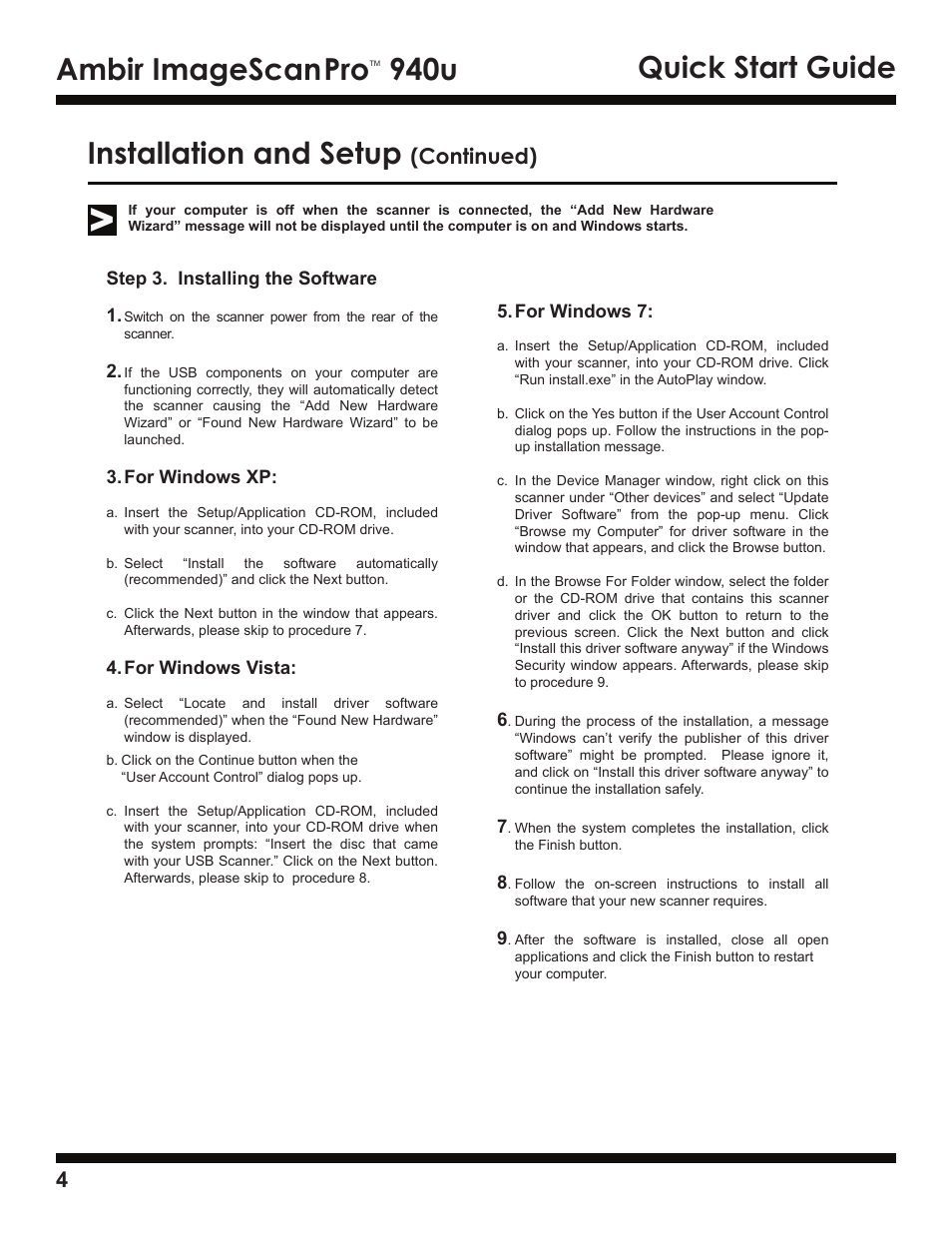 Ambir imagescan, 940u quick start guide installation and setup, Continued) | Ambir ImageScan Pro 940u User Manual | Page 4 / 13