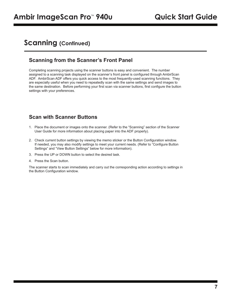 Ambir imagescan pro, 940u quick start guide, Scanning | Ambir ImageScan Pro 940u User Manual | Page 7 / 13