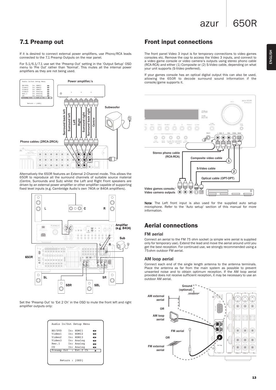 650r azur, Front input connections, Aerial connections | 1 preamp out, Fm aerial, Am loop aerial | Cambridge Audio AZUR 650R User Manual | Page 13 / 32