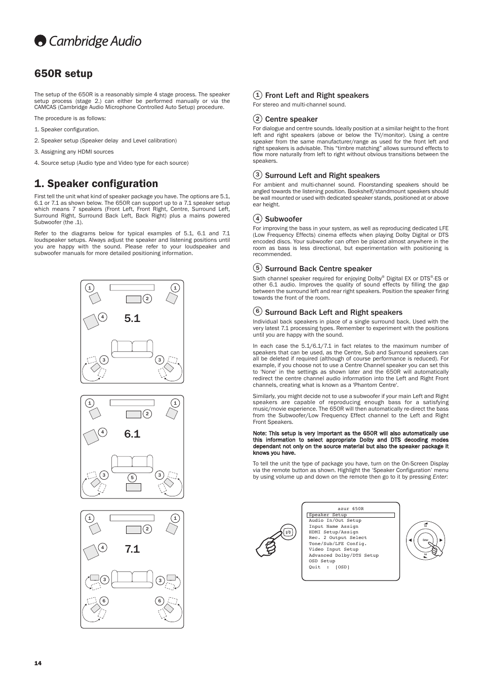 650r setup, Speaker configuration, Front left and right speakers | Centre speaker, Surround left and right speakers, Subwoofer, Surround back centre speaker, Surround back left and right speakers | Cambridge Audio AZUR 650R User Manual | Page 14 / 32