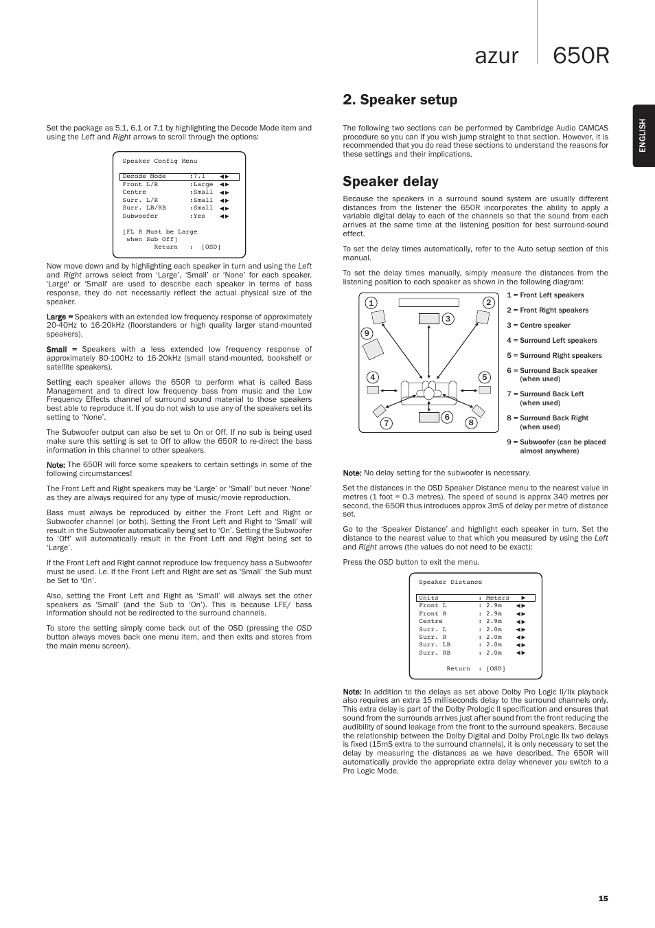 650r azur, Speaker delay, Speaker setup | Cambridge Audio AZUR 650R User Manual | Page 15 / 32