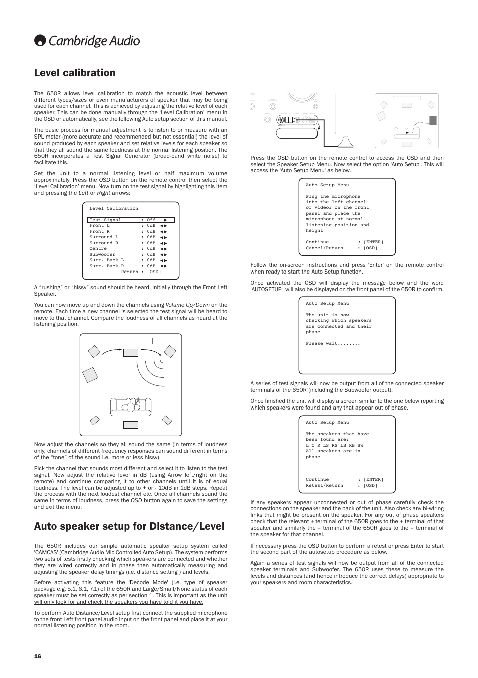 Auto speaker setup for distance/level, Level calibration | Cambridge Audio AZUR 650R User Manual | Page 16 / 32