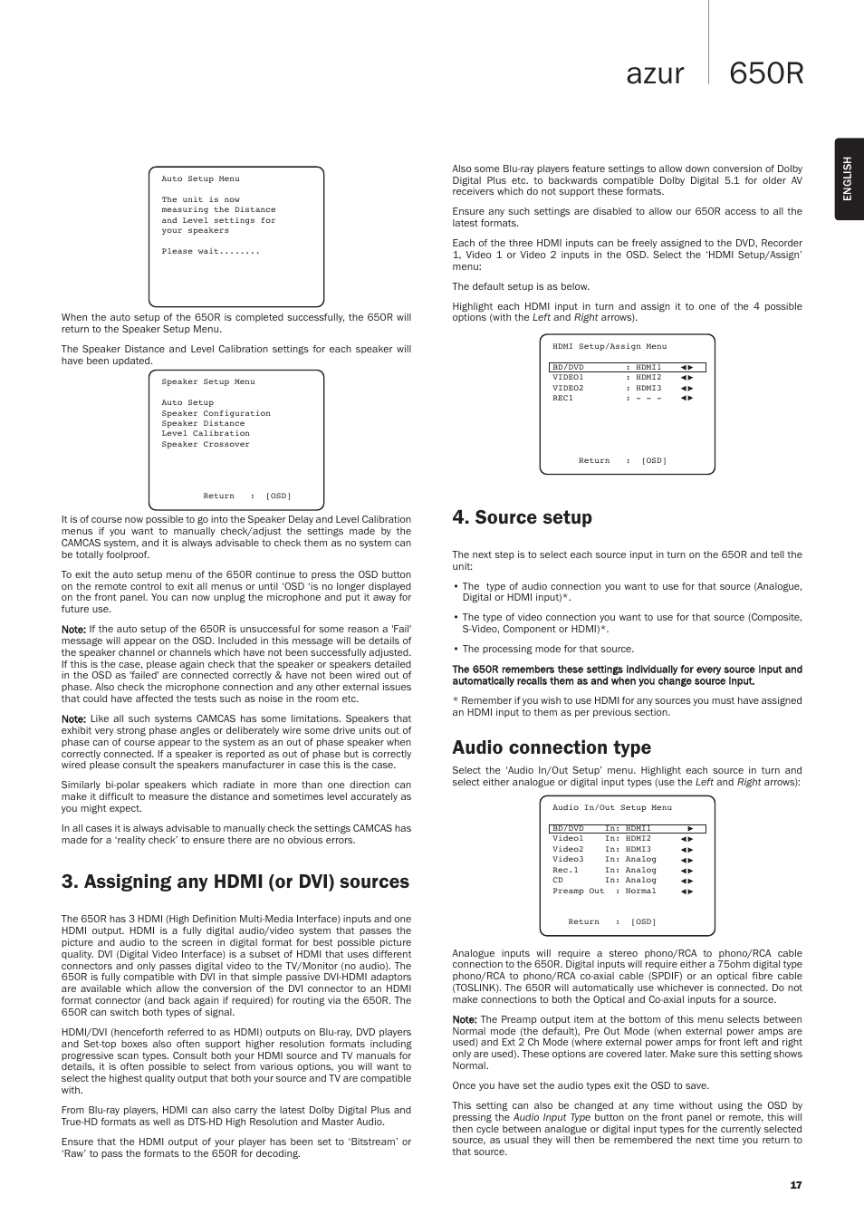 650r azur, Audio connection type, Source setup | Assigning any hdmi (or dvi) sources | Cambridge Audio AZUR 650R User Manual | Page 17 / 32
