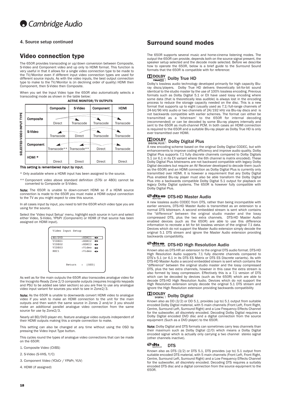 Surround sound modes video connection type, Dolby true hd, Dolby digital plus | Dts-hd master audio, Dts-hd high resolution audio, Dolby digital, Source setup continued | Cambridge Audio AZUR 650R User Manual | Page 18 / 32