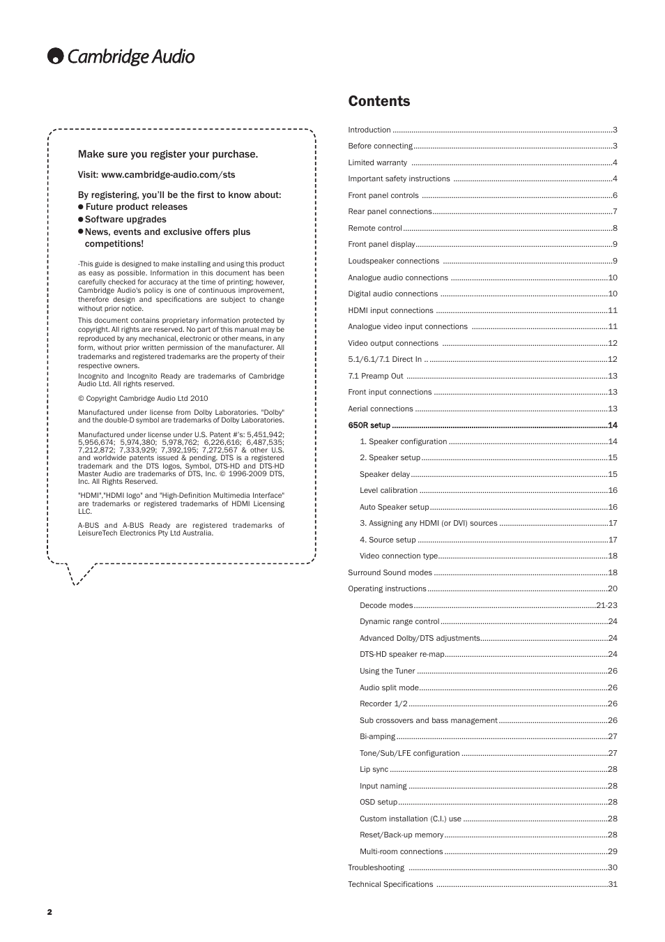 Cambridge Audio AZUR 650R User Manual | Page 2 / 32