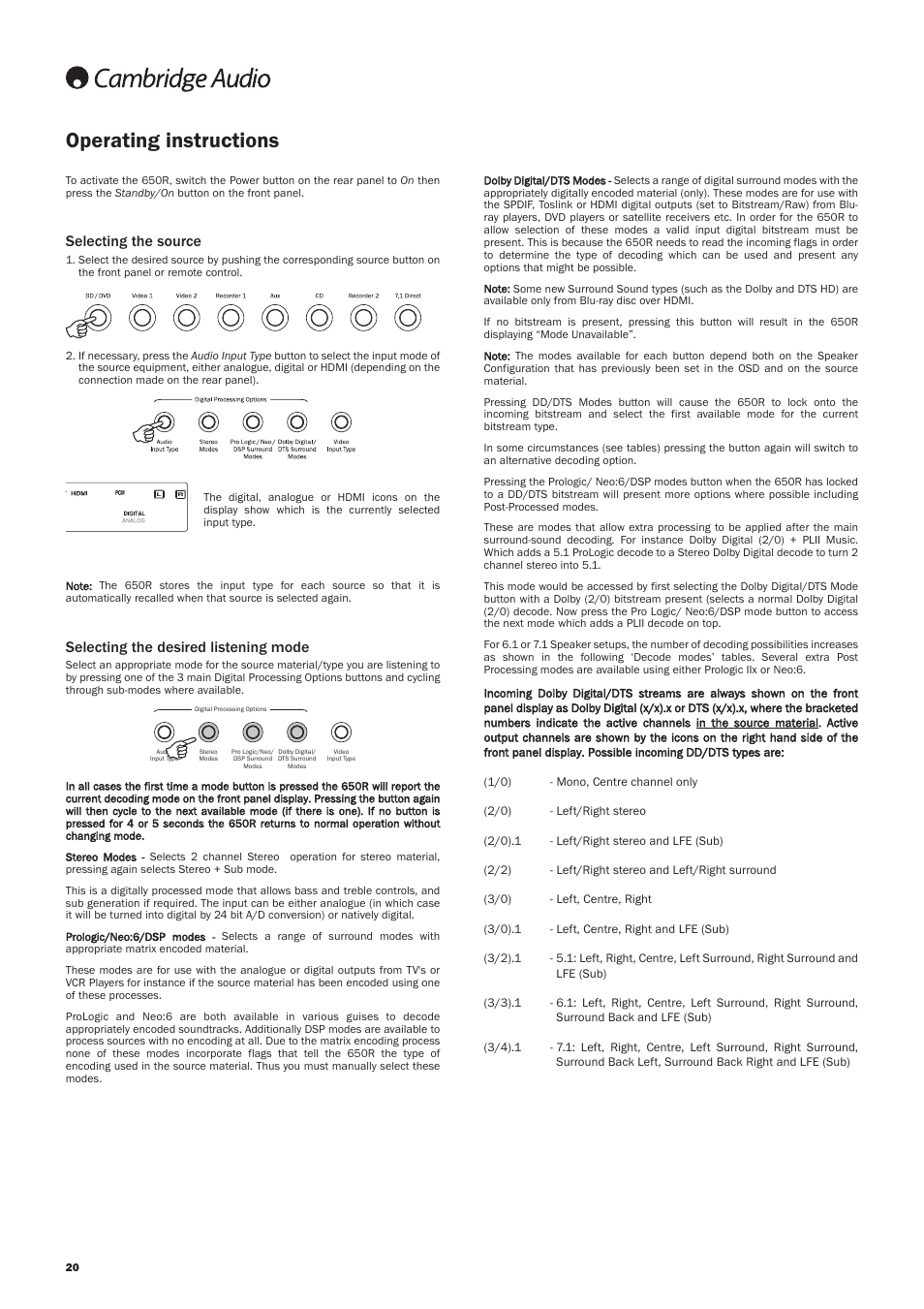 Operating instructions, Selecting the source, Selecting the desired listening mode | Cambridge Audio AZUR 650R User Manual | Page 20 / 32