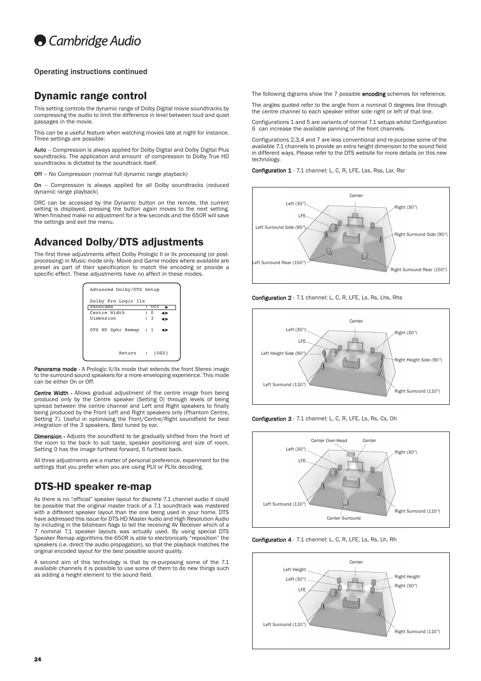 Dynamic range control, Advanced dolby/dts adjustments, Dts-hd speaker re-map | Operating instructions continued | Cambridge Audio AZUR 650R User Manual | Page 24 / 32