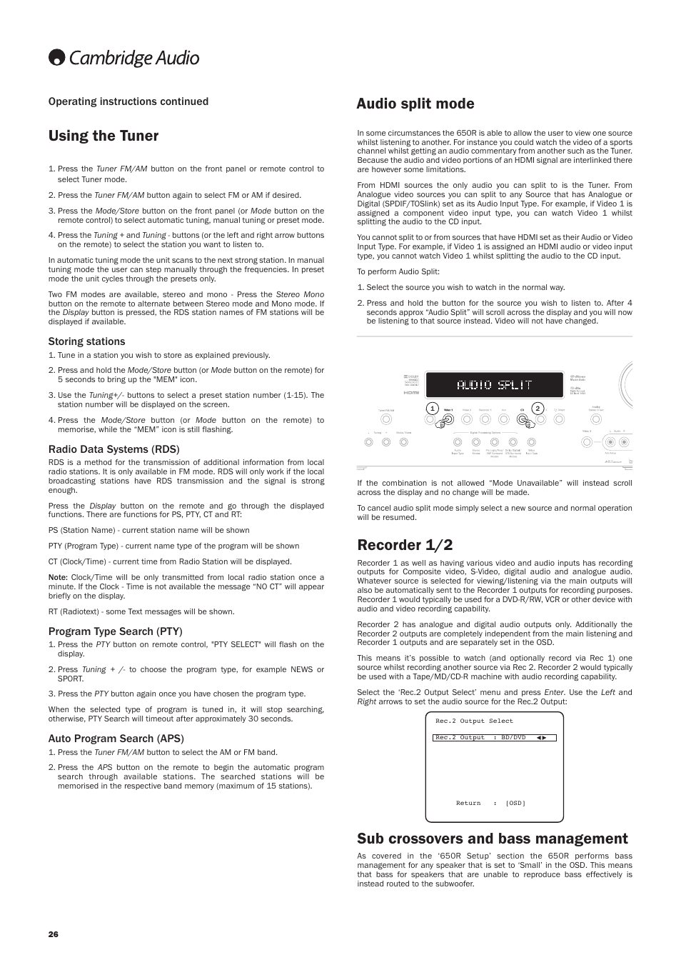 Recorder 1/2, Sub crossovers and bass management, Audio split mode | Using the tuner | Cambridge Audio AZUR 650R User Manual | Page 26 / 32