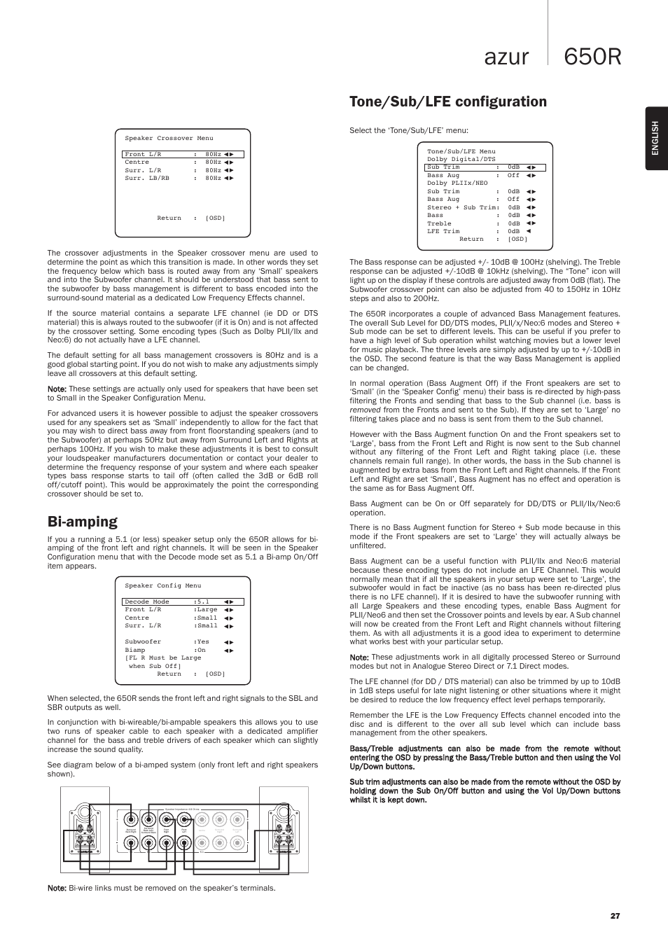 650r azur, Bi-amping, Tone/sub/lfe configuration | Cambridge Audio AZUR 650R User Manual | Page 27 / 32