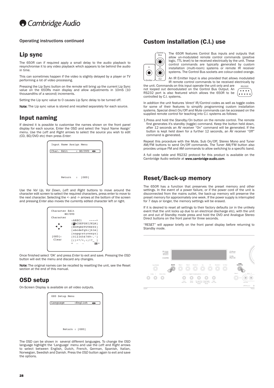 Input naming, Osd setup, Lip sync | Operating instructions continued | Cambridge Audio AZUR 650R User Manual | Page 28 / 32