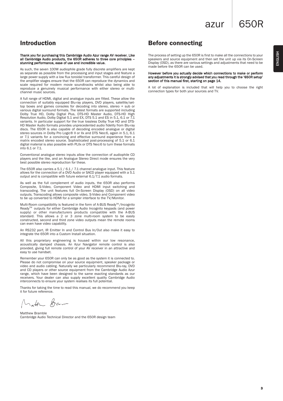 650r azur, Introduction before connecting | Cambridge Audio AZUR 650R User Manual | Page 3 / 32