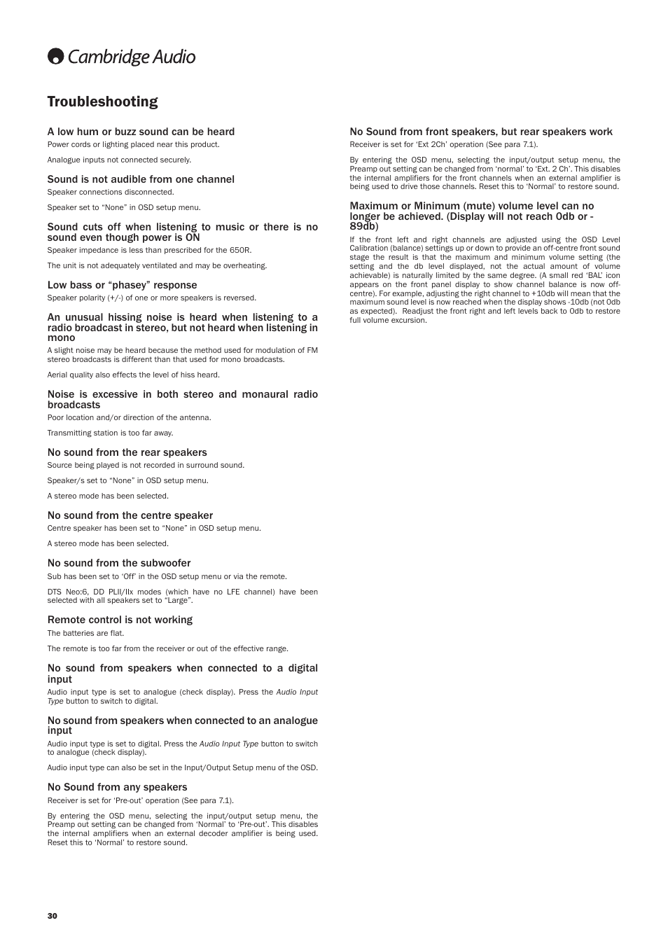 Troubleshooting | Cambridge Audio AZUR 650R User Manual | Page 30 / 32