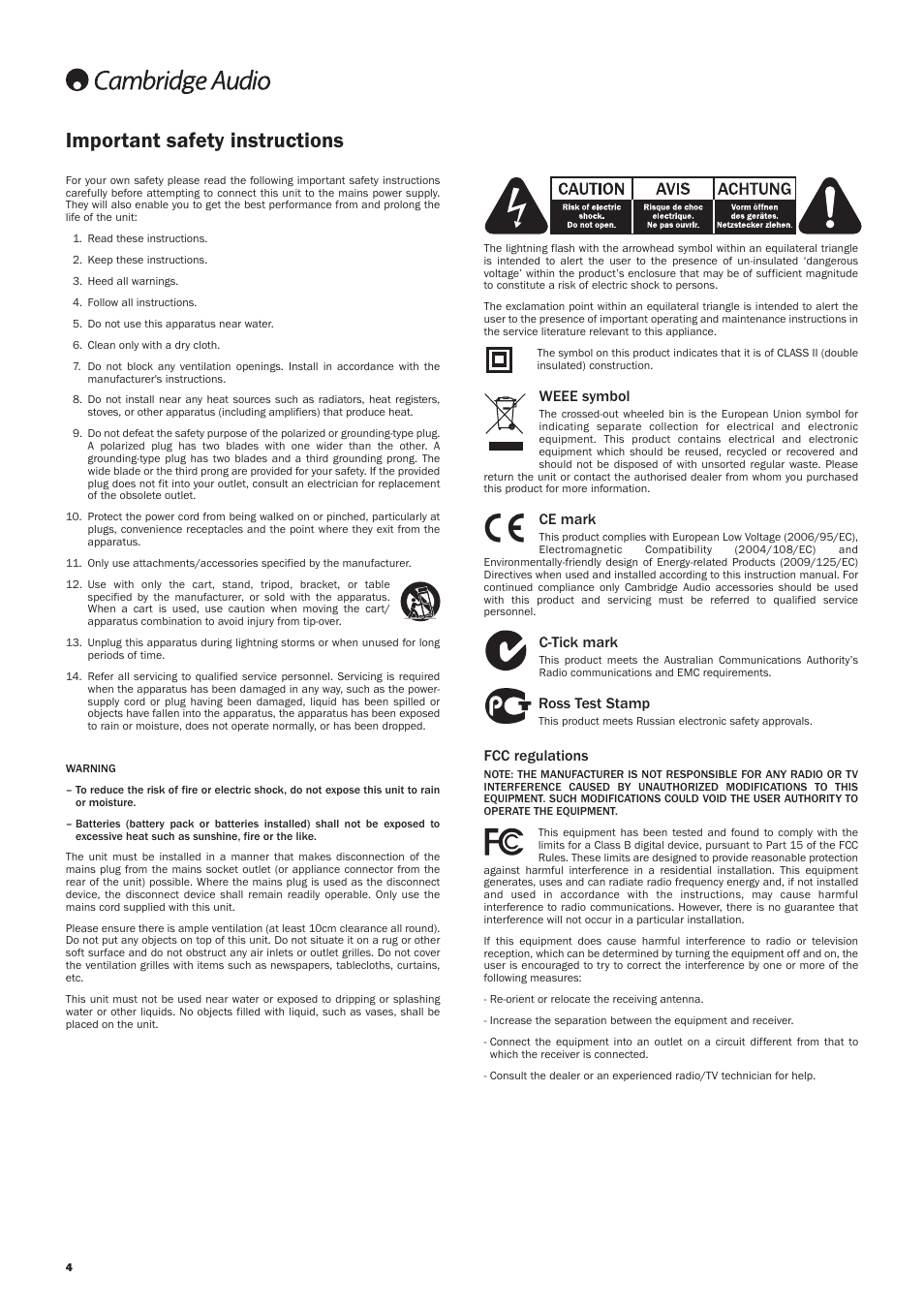 Important safety instructions, Weee symbol, Ce mark | C-tick mark, Ross test stamp, Fcc regulations | Cambridge Audio AZUR 650R User Manual | Page 4 / 32