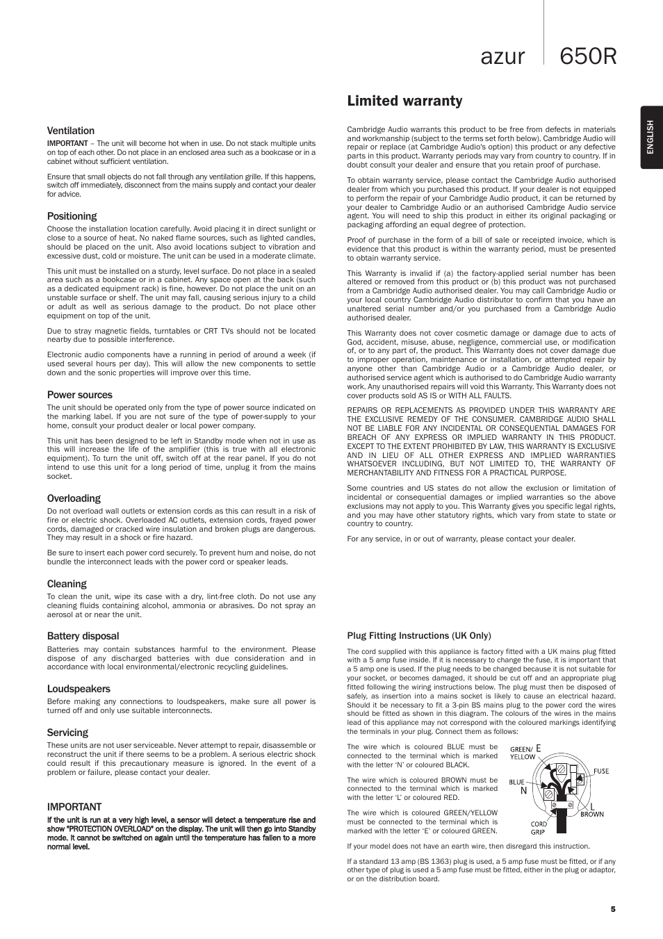650r azur, Limited warranty | Cambridge Audio AZUR 650R User Manual | Page 5 / 32