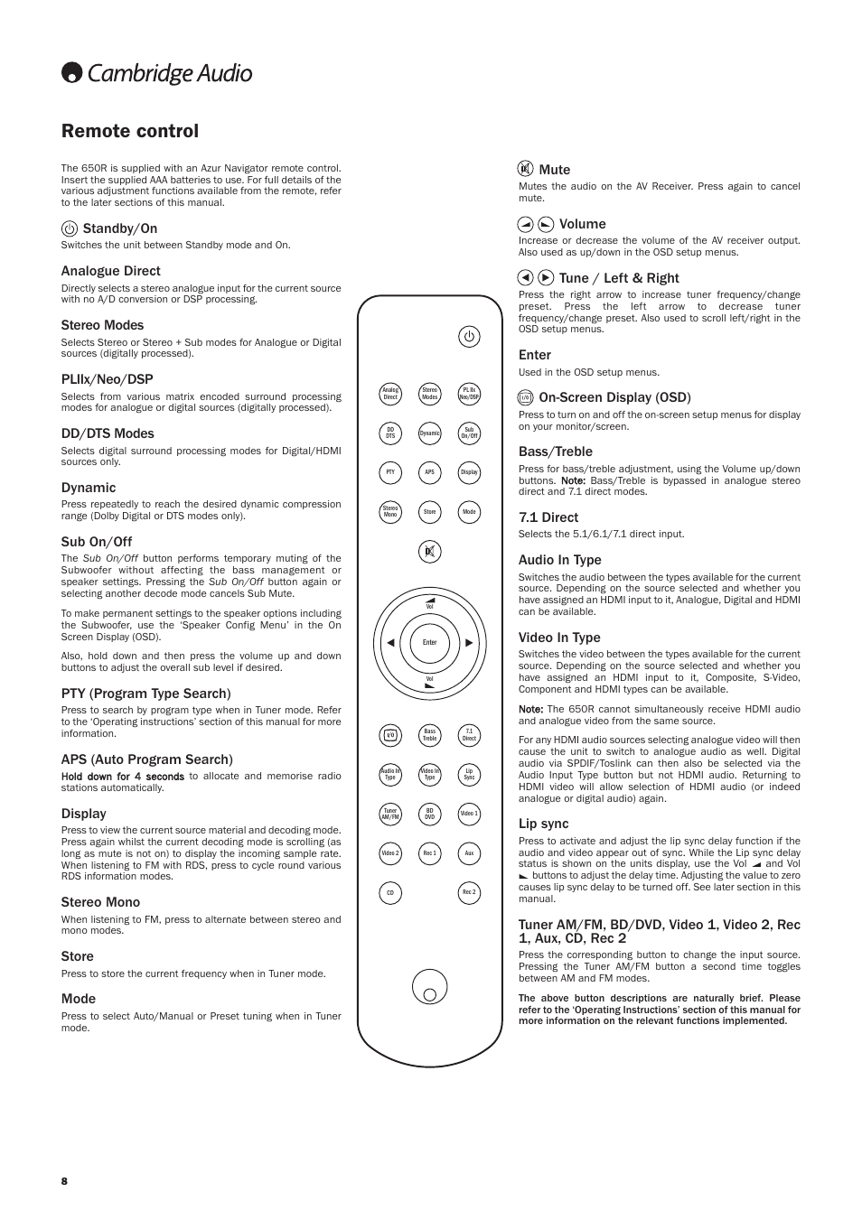 Remote control, Mute, Volume | Tune / left & right, Enter, On-screen display (osd), Bass/treble, 1 direct, Audio in type, Video in type | Cambridge Audio AZUR 650R User Manual | Page 8 / 32