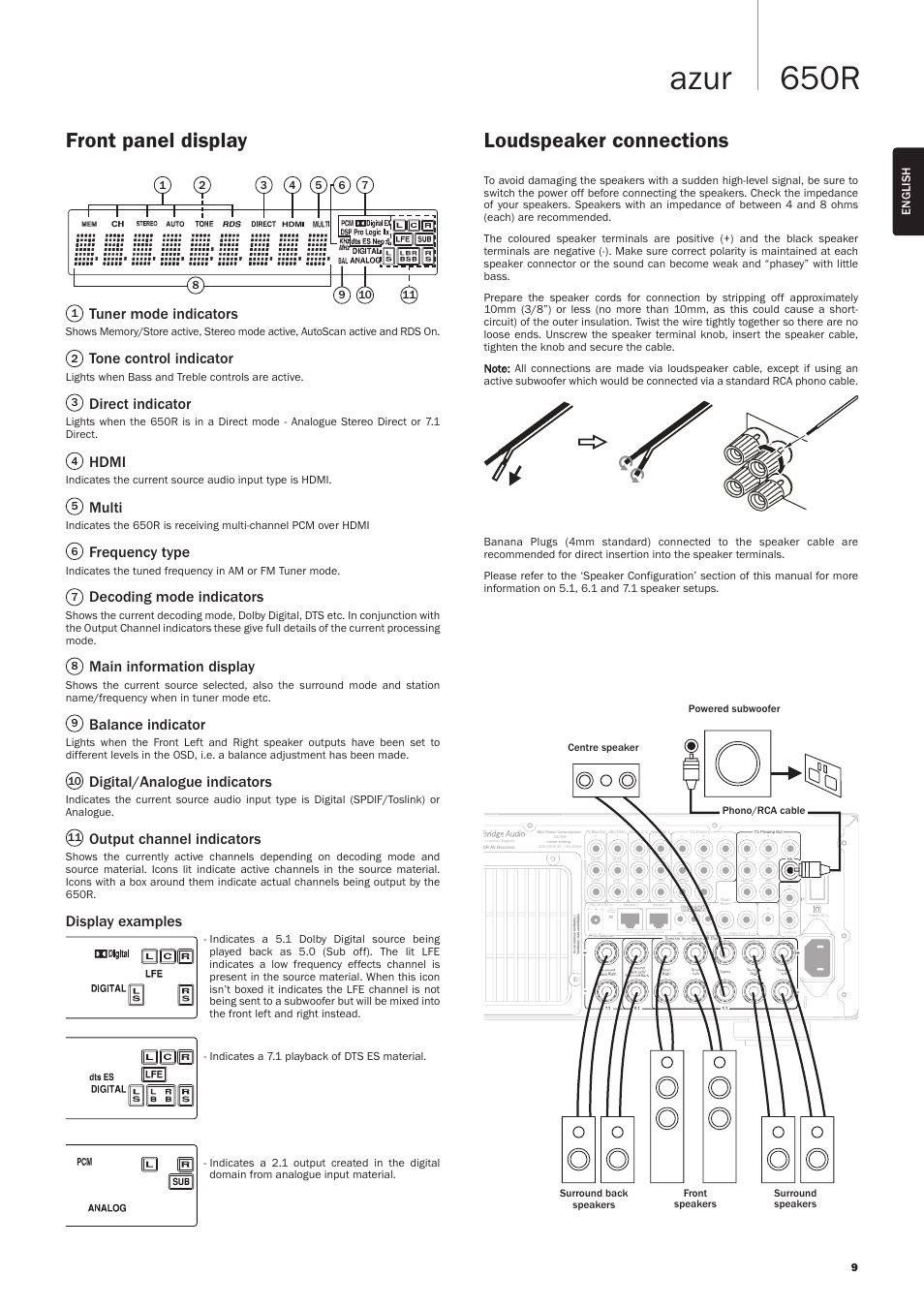 650r azur, Front panel display, Loudspeaker connections | Tuner mode indicators, Tone control indicator, Direct indicator, Hdmi, Multi, Frequency type, Decoding mode indicators | Cambridge Audio AZUR 650R User Manual | Page 9 / 32