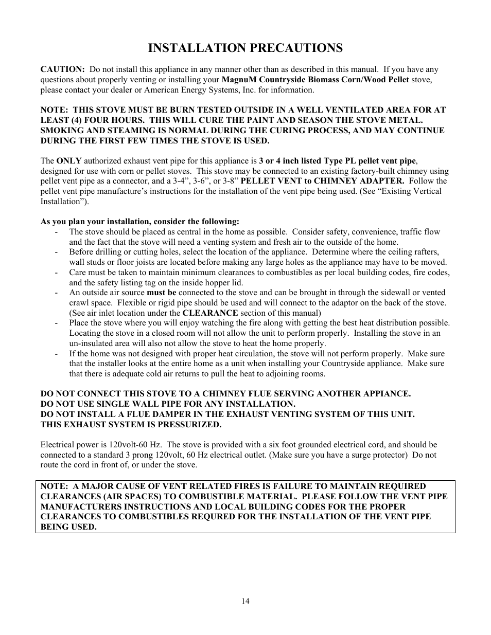 Installation precautions | American Energy Systems MagnuM Countryside User Manual | Page 14 / 44
