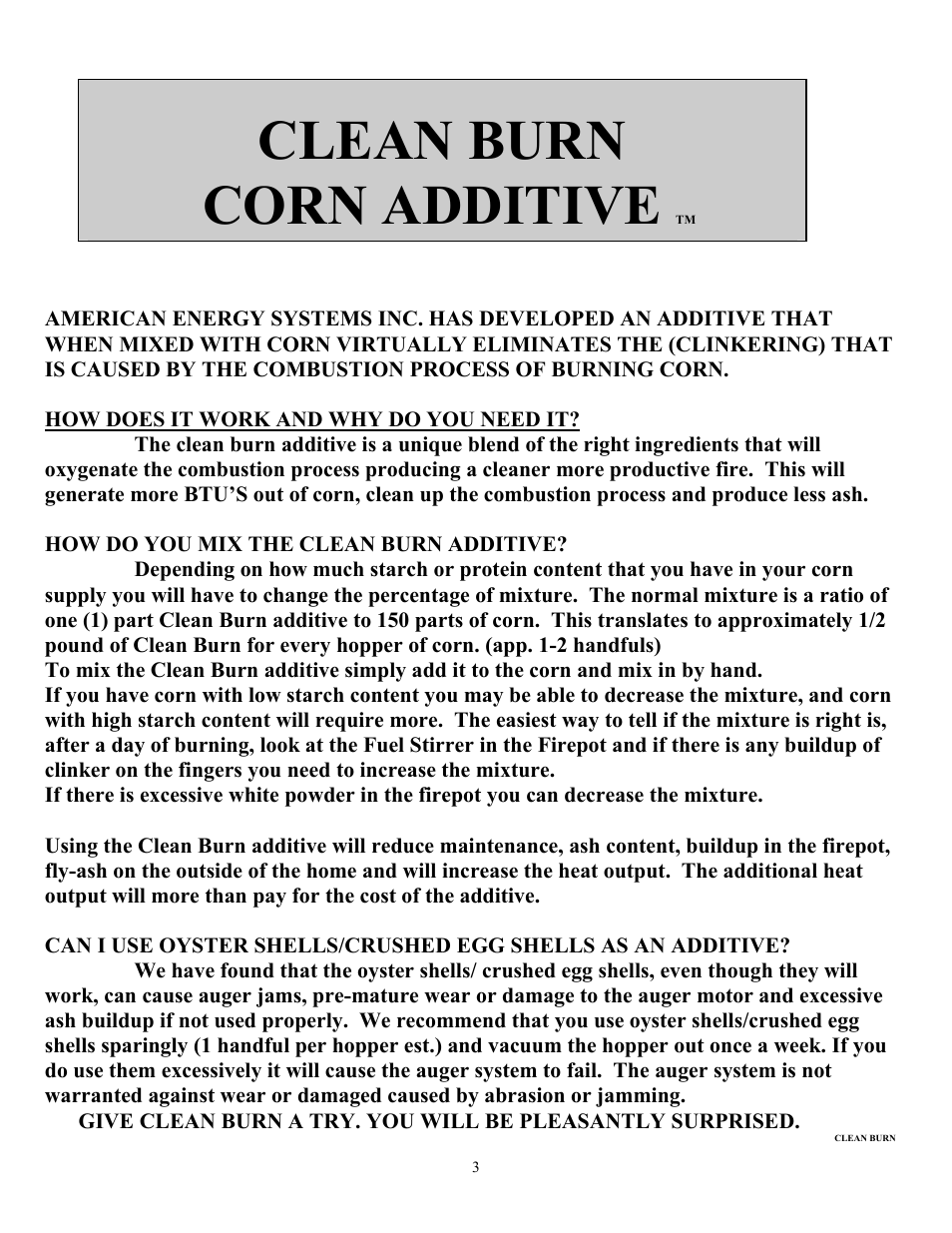 Clean burn corn additive | American Energy Systems MagnuM Countryside User Manual | Page 3 / 44